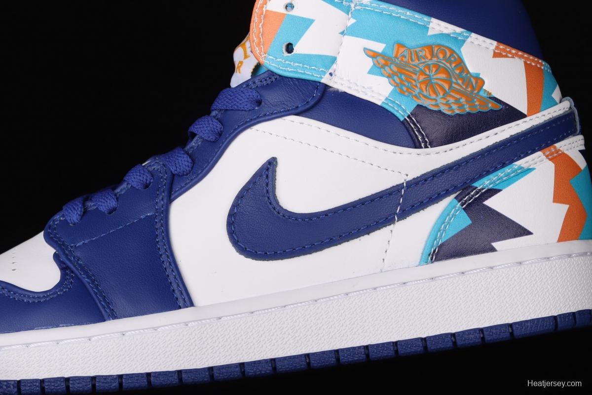 Air Jordan 1 Mid geometrical white and blue Zhongbang basketball shoes 555112-105