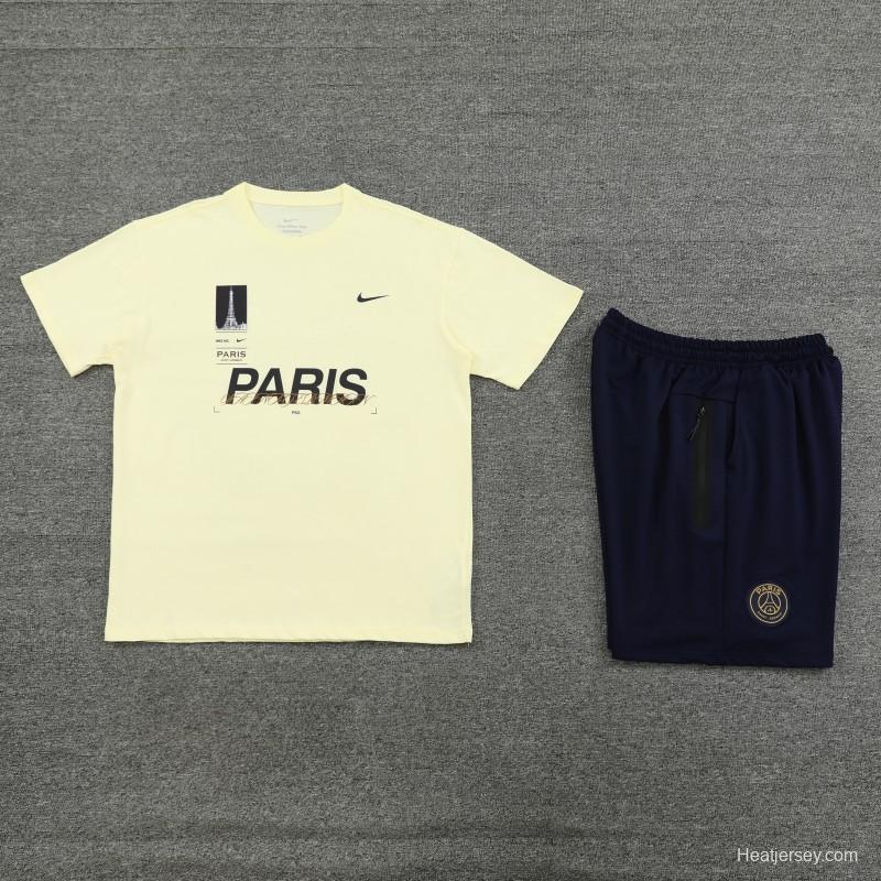 23/24 PSG Light Yellow Cotton Short Sleeve Jersey+Shorts