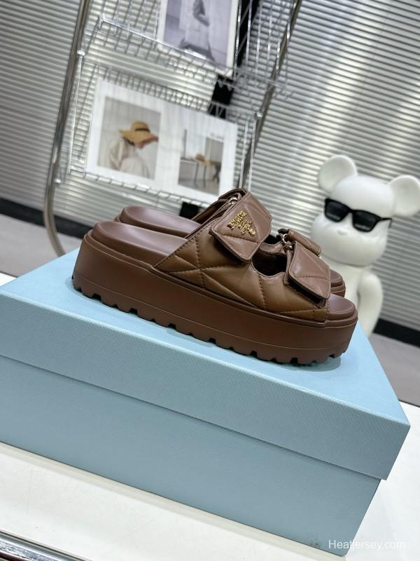 2025 Women Prada Brown Leather Sandals
