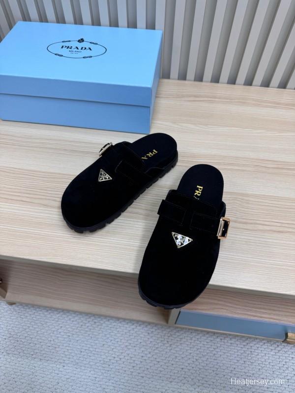 2025 Slippers Prada Black Suede Slippers LY00280