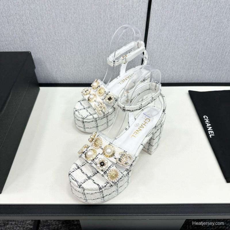 2025 Women Chanel White Black Tweed Platform Sandals