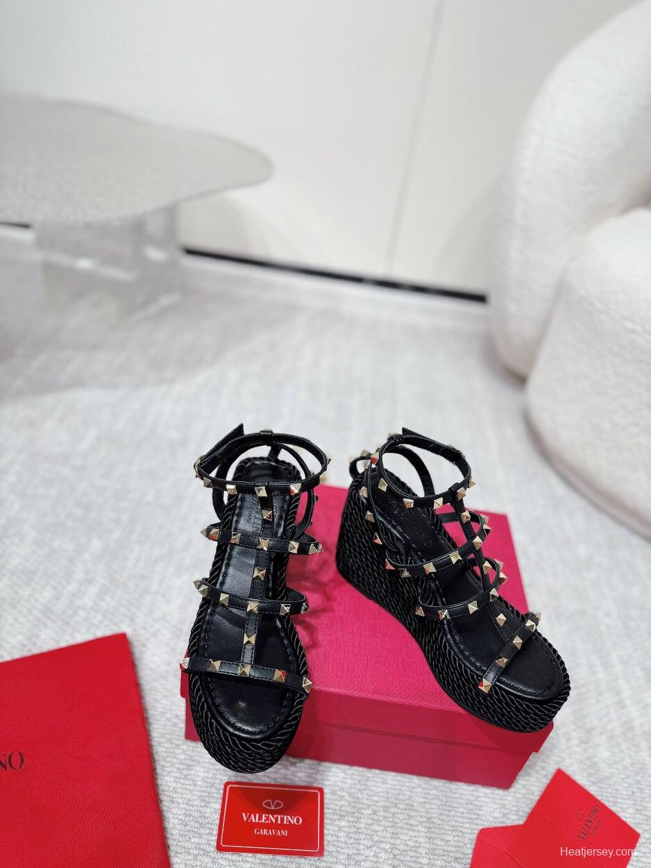 2025 Women Valentino Black Leather Studded Wedge Sandals