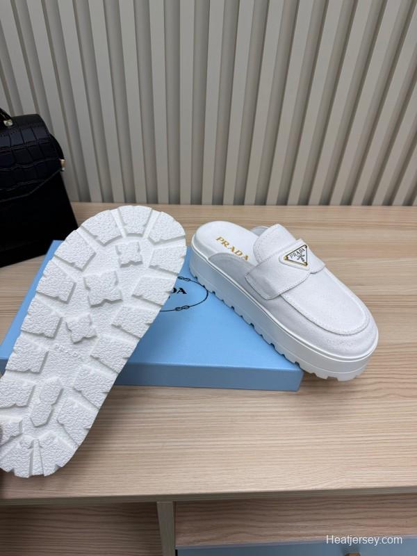 2025 Women Prada White Canvas Platform Loafers