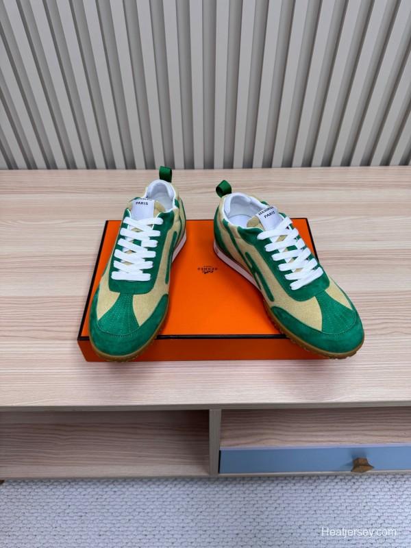 2025 Unisex Hermès Green Beige Suede Down Fabric Sneakers Top Version LY00310