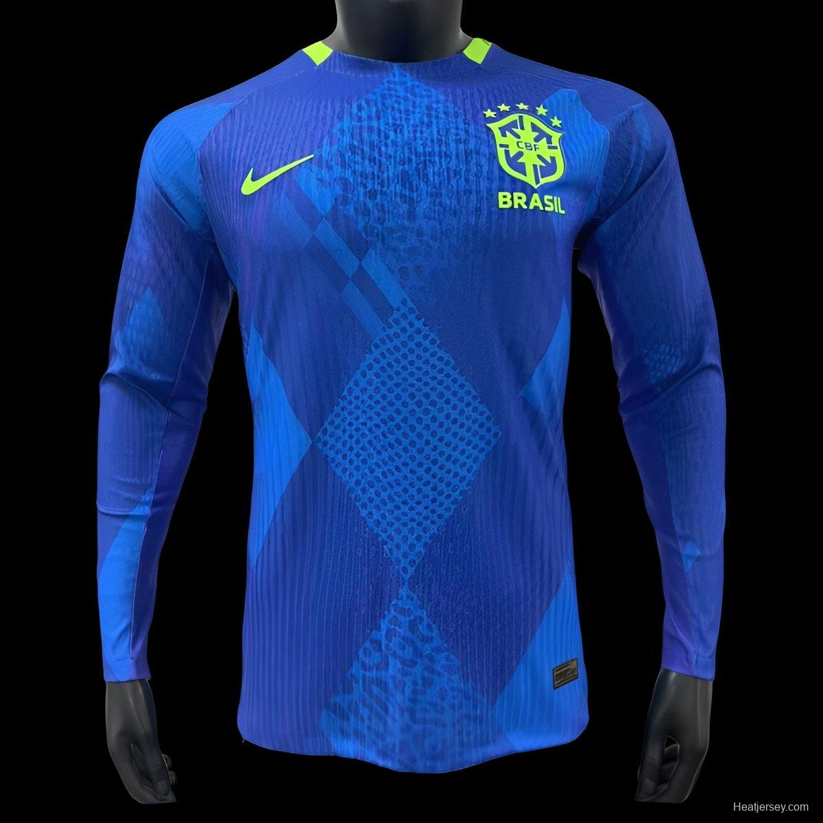 Player Version 2025 Brazil Away Blue Long Sleeve Jersey